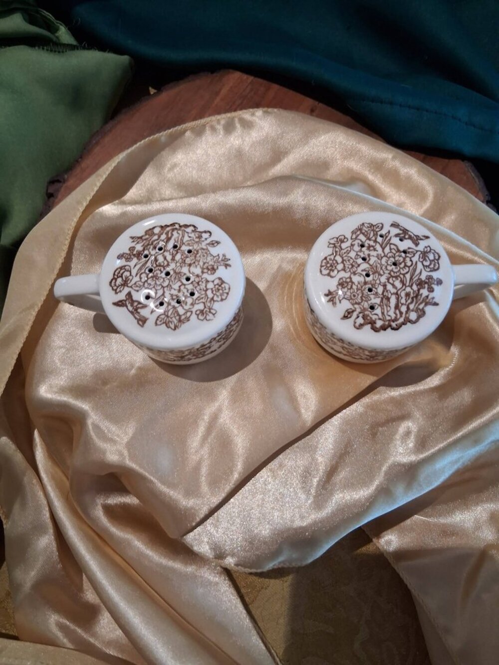 Vintage Brown Transferware Mini Teacup Salt & Pepper Shakers Floral Scroll